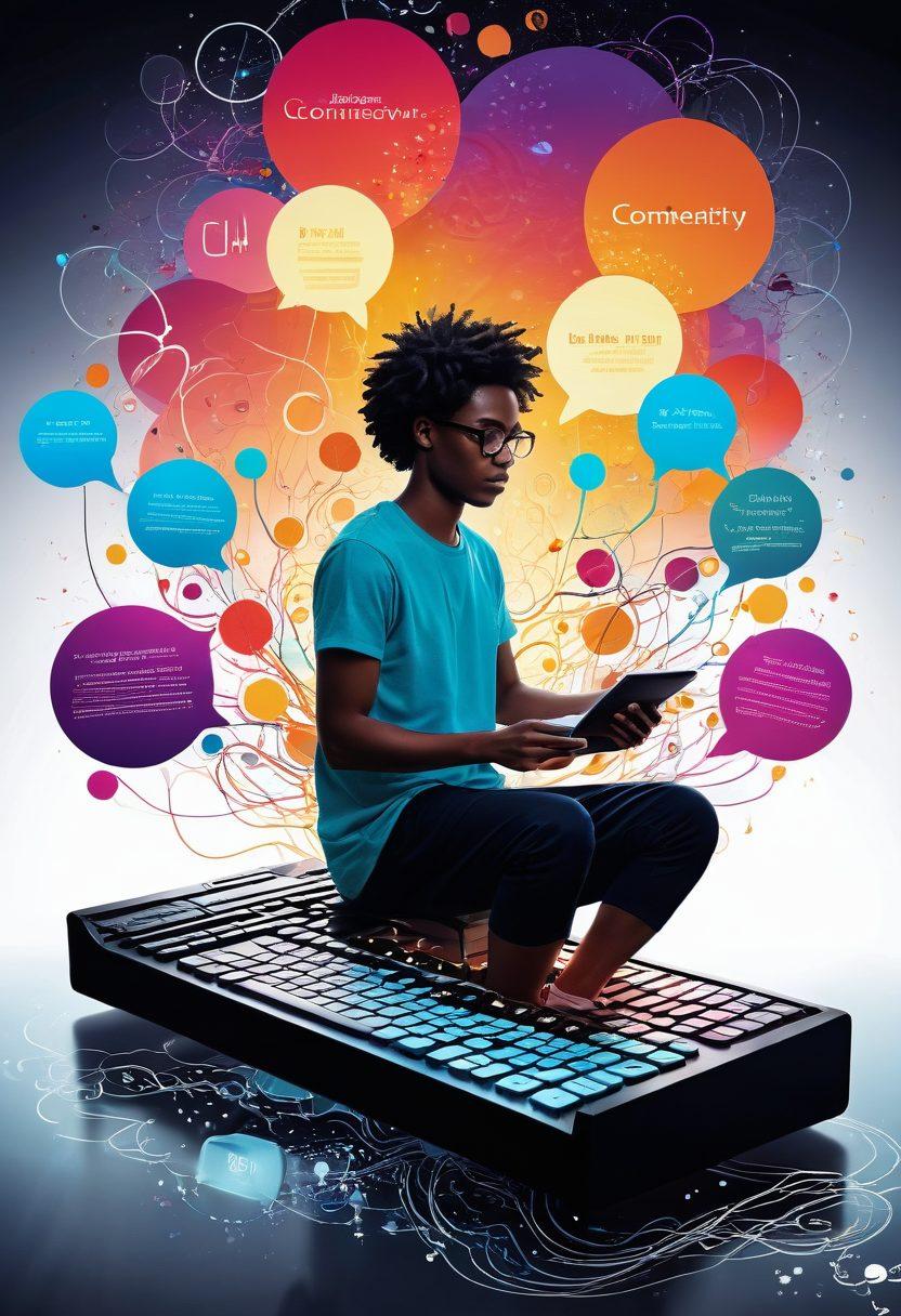 A captivating visual collage featuring a digital storyteller at a glowing keyboard, surrounded by floating text bubbles filled with engaging narratives, vibrant illustrations of diverse people sharing ideas, and symbols of digital platforms, all interconnected in a dynamic flow. The background should be filled with abstract patterns representing creativity and communication. super-realistic. vibrant colors. 3D.