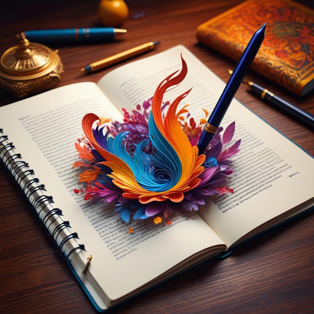 A mesmerizing pen hovering over an open notebook, surrounded by swirling pages of vibrant narratives and digital icons representing blogs, each infused with colorful glimpses of storytelling like whimsical characters and imaginative landscapes. The background transitions from ink drops to bytes of data, symbolizing the blend of traditional and digital content creation. ethereal lighting. 3D. vibrant colors.